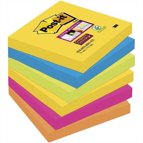 Post-it Haftnotiz Super Sticky, 76 x 76 mm, 5farbig sortiert, 90 Blatt (6 Blocks)