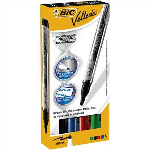 BIC Boardmarker Velleda, Rundspitze, M, Schreibfarbe: 4er sortiert (4 Stück)